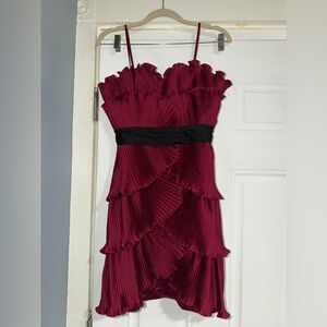 Max & Cleo Wine Burgundy Pleated Asymmetrical Ruffle Dress with Black Waistband